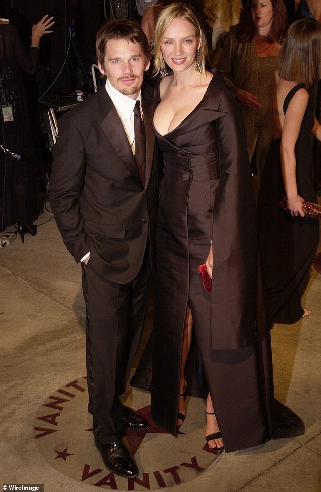 The way they were: Ethan and Uma, who also have a 20-year-old son called Levon, are pictured attending the Vanity Fair Oscar Party in 2002, the year before they separated