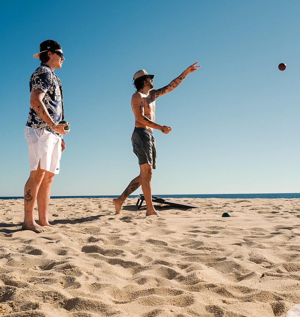 Taking in the weather: Despite the season being in the dead of winter, Brooklyn and his pals soaked up the sun on the beach