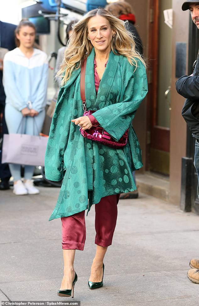 Runway walk: While filming the upcoming season of the Sex And The City reboot, the actress wore an eye-catching ensemble with stunning jewel tones