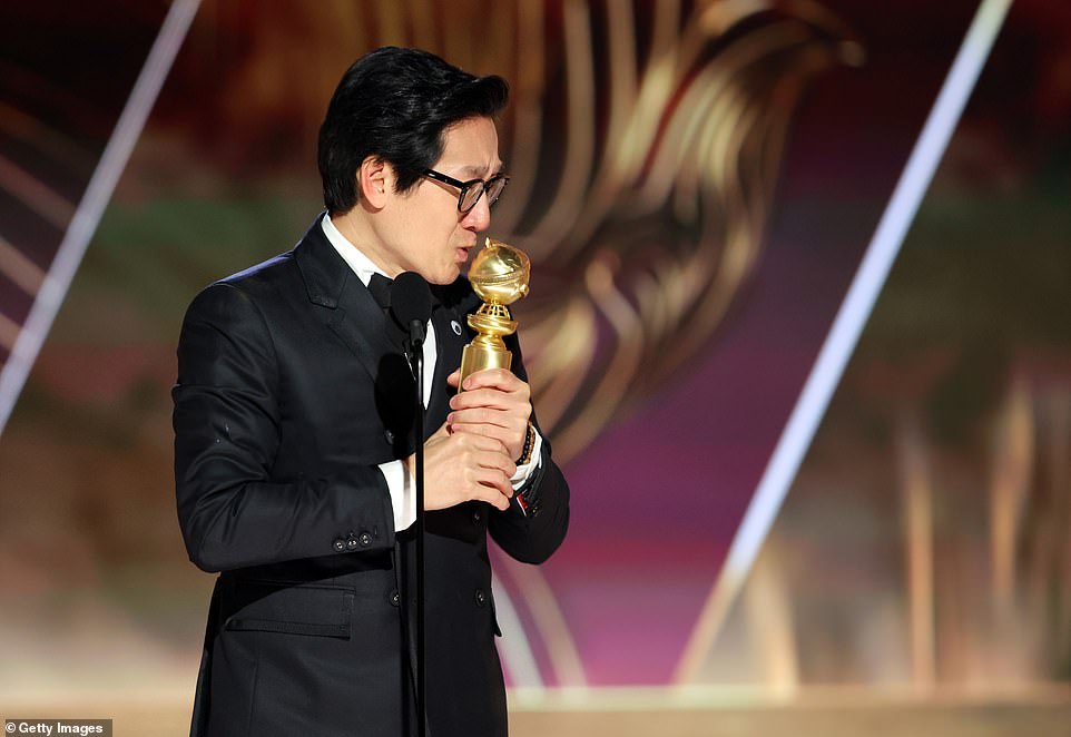 Sweet smooch: He beat out an impressive field including: Brendan Gleeson - The Banshees of Inisherinm Barry Keoghan - The Banshees of Inisherin, Brad Pitt - Babylon, and Eddie Redmayne - The Good Nurse