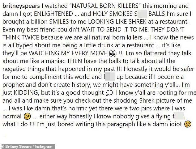 Watched: 'I watched ¿NATURAL BORN KILLERS¿ this morning and damn I got ENLIGHTENED ¿ and HOLY SMOKES S**T BALLS,' Spears began