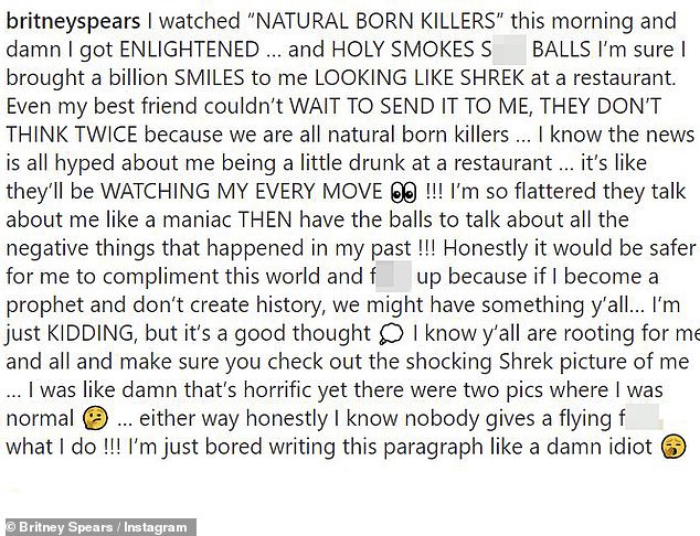 Watched: 'I watched ¿NATURAL BORN KILLERS¿ this morning and damn I got ENLIGHTENED ¿ and HOLY SMOKES S**T BALLS,' Spears began