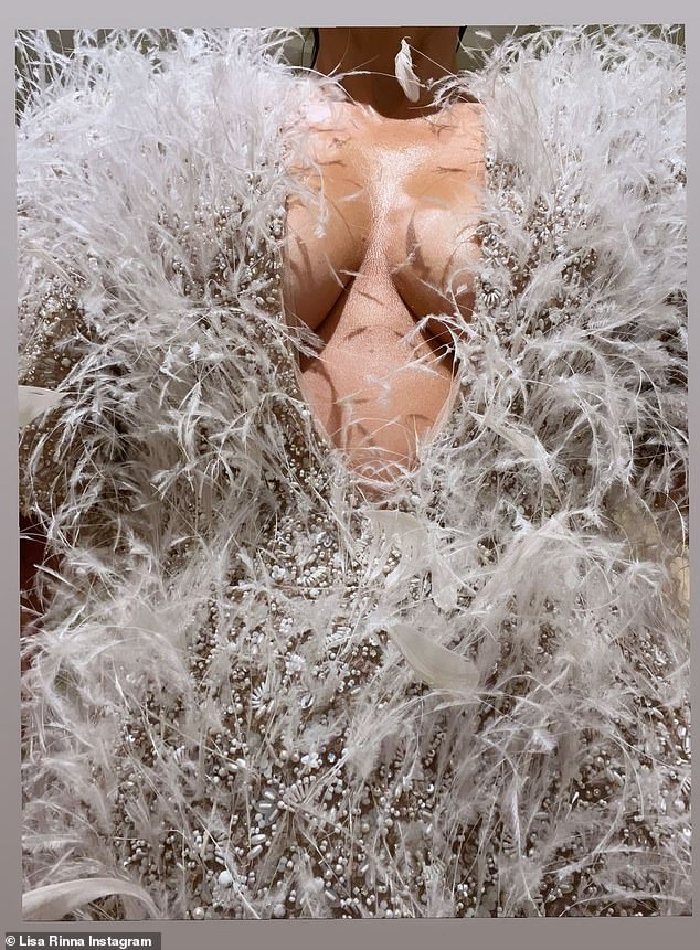 Wow: The dress featured a plunging neckline and was covered in thin white feathers with gold detailing