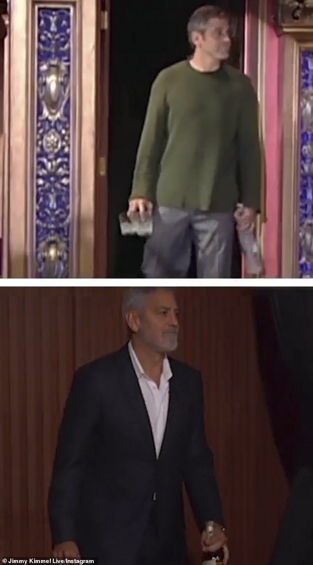 Flashback: Clooney, now 61, arrived in his now trademark black suit with a white shirt, which was a contrast to his brown dress pants and green sweater from 20 years ago