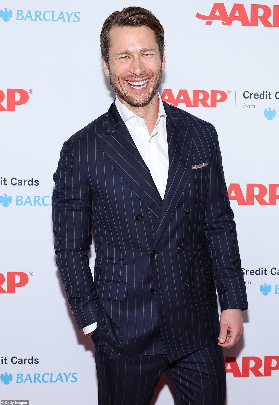 Stud: Glenn Powell, breakout star of Top Gun: Maverick wore a pinstriped blue suit