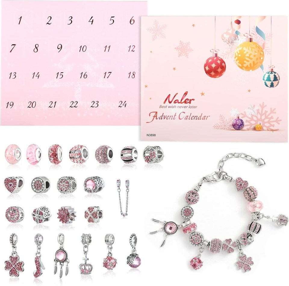 Collage of a pink advent calendar with numbers 1-24, a box labeled "Naler Advent Calendar," various pink and silver charms, and a completed charm bracelet.