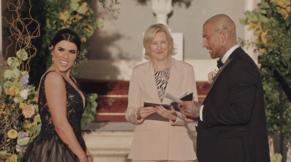 Maeve and Joe's wedding from Married at First Sight UK, with a woman officiating.