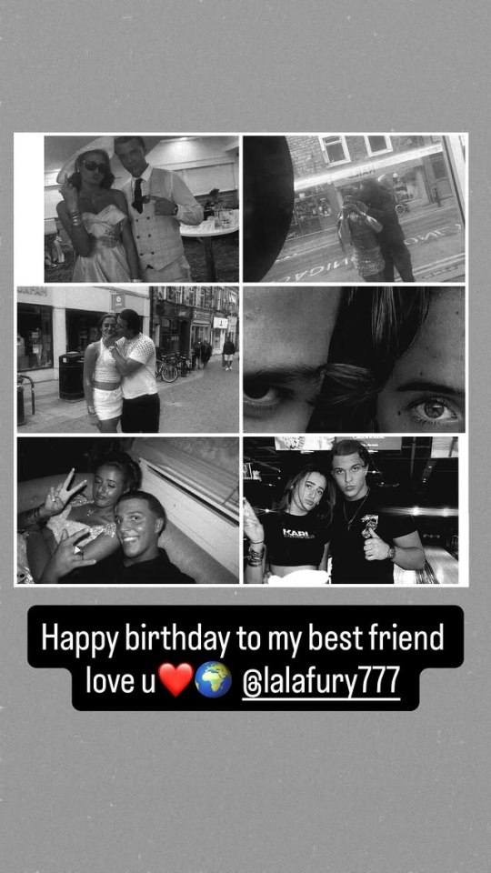 Collage of six black and white photos of Venezuela Fury with her boyfriend, captioned, “Happy birthday to my best friend love u ❤🌎@lalafury777”.