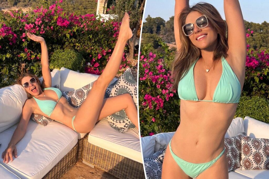 Elizabeth Hurley shares swimsuit image tricks while modeling a mint green swimwear on Instagram at 60 