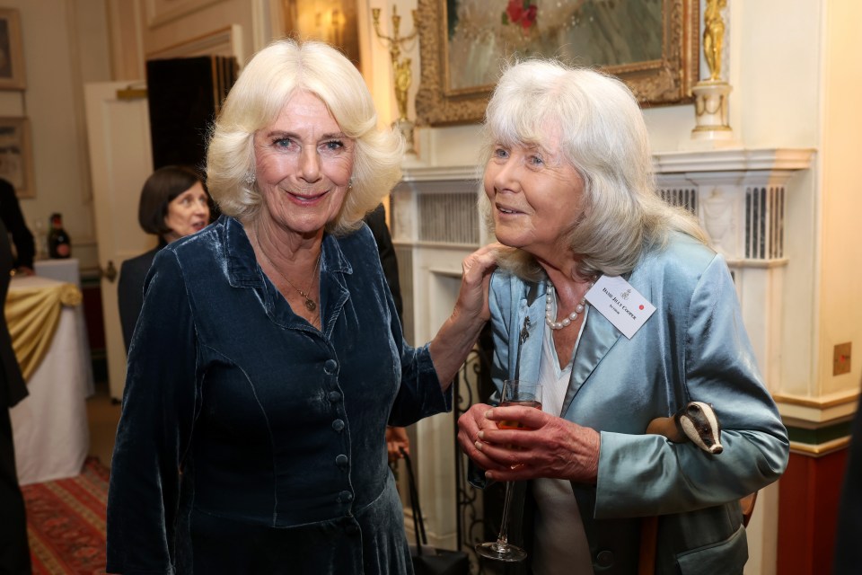 Queen Camilla and Jilly Cooper at the launch of The Queen's Reading Room Medal.