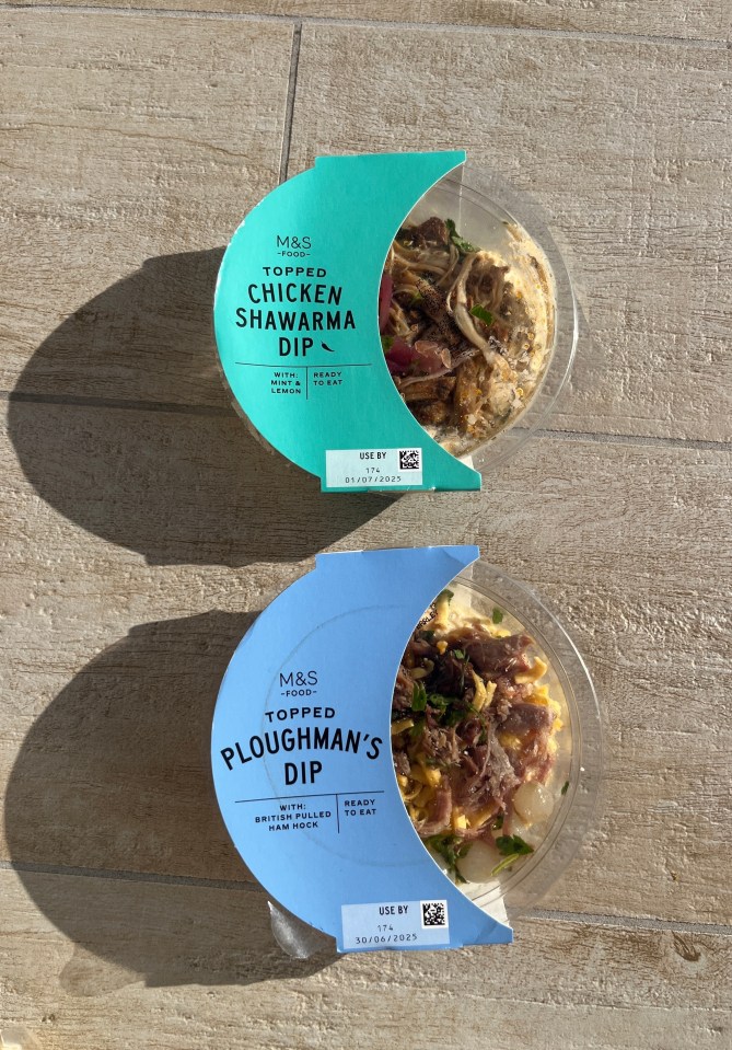 Two M&S ready-to-eat dips: Topped Chicken Shawarma and Topped Ploughman's.