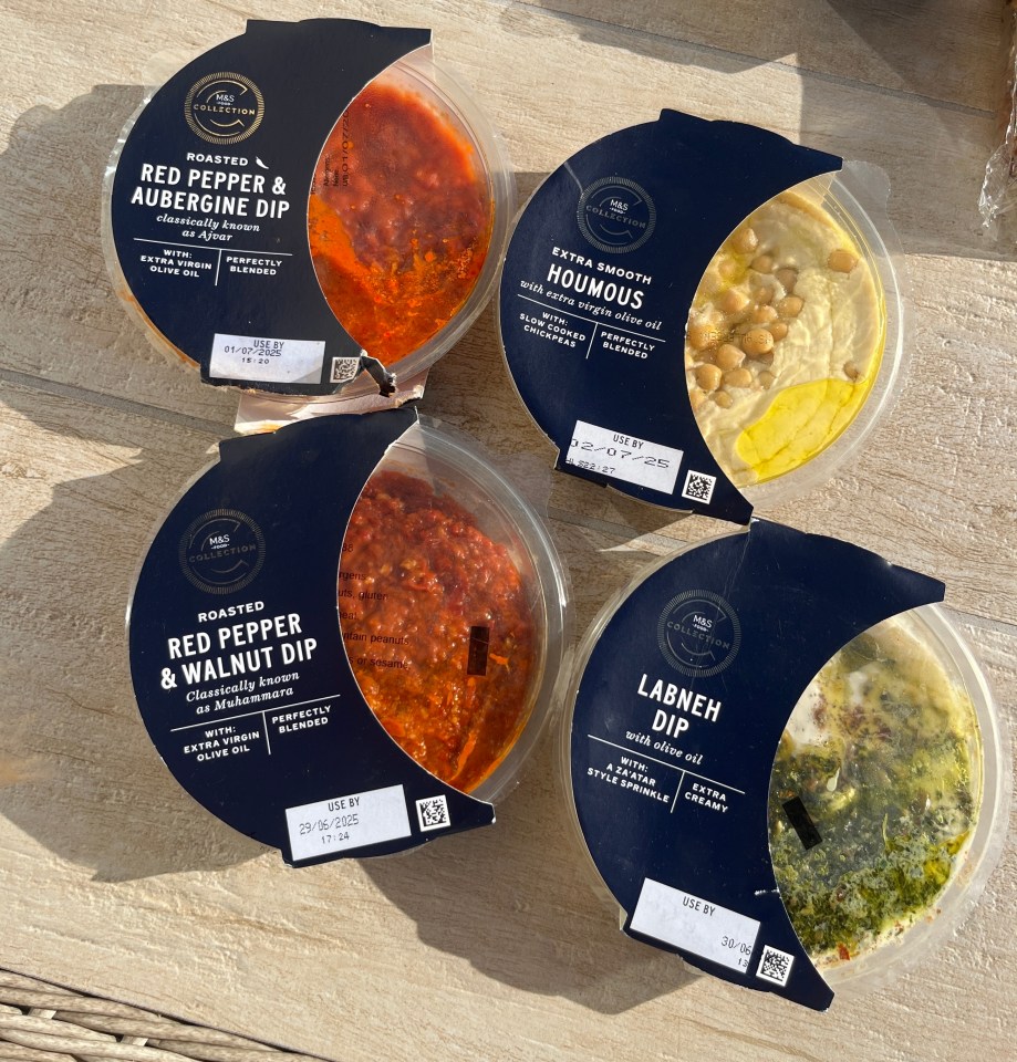Four M&S dips: red pepper & aubergine, hummus, red pepper & walnut, and labneh.