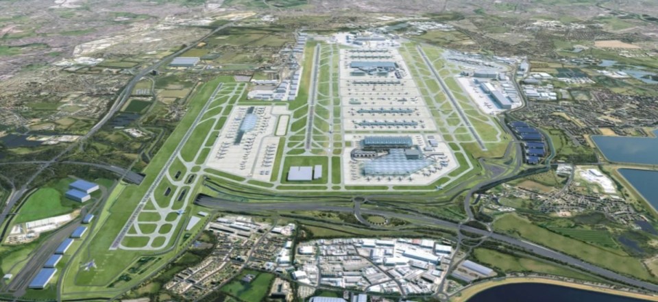Illustration of Heathrow Airport's proposed third runway and expanded layout.