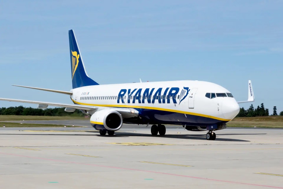 A Ryanair Boeing 737-800 aircraft on an airport tarmac.