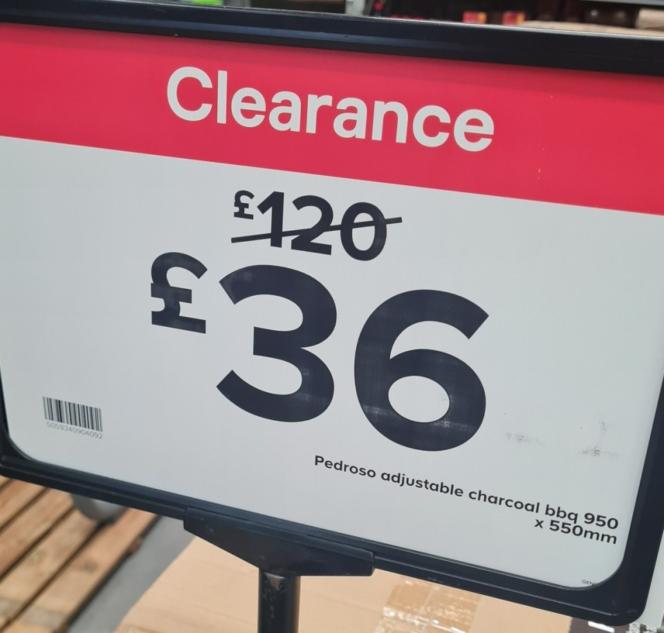 Clearance sign: Pedroso adjustable charcoal BBQ, 950 x 550mm, reduced from £120 to £36.
