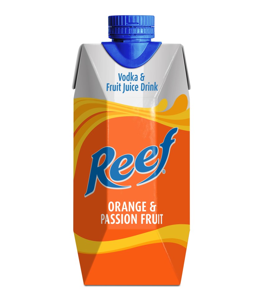 Reef orange and passion fruit vodka and fruit juice drink carton.