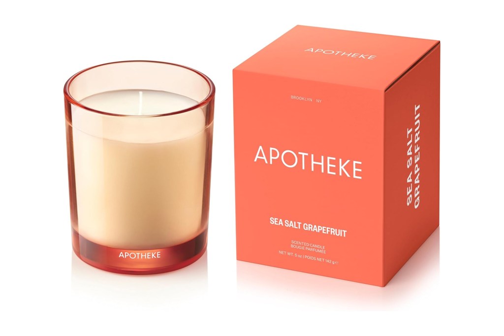 APOTHEKE Sea Salt Grapefruit scented candle in a glass holder and its packaging box.