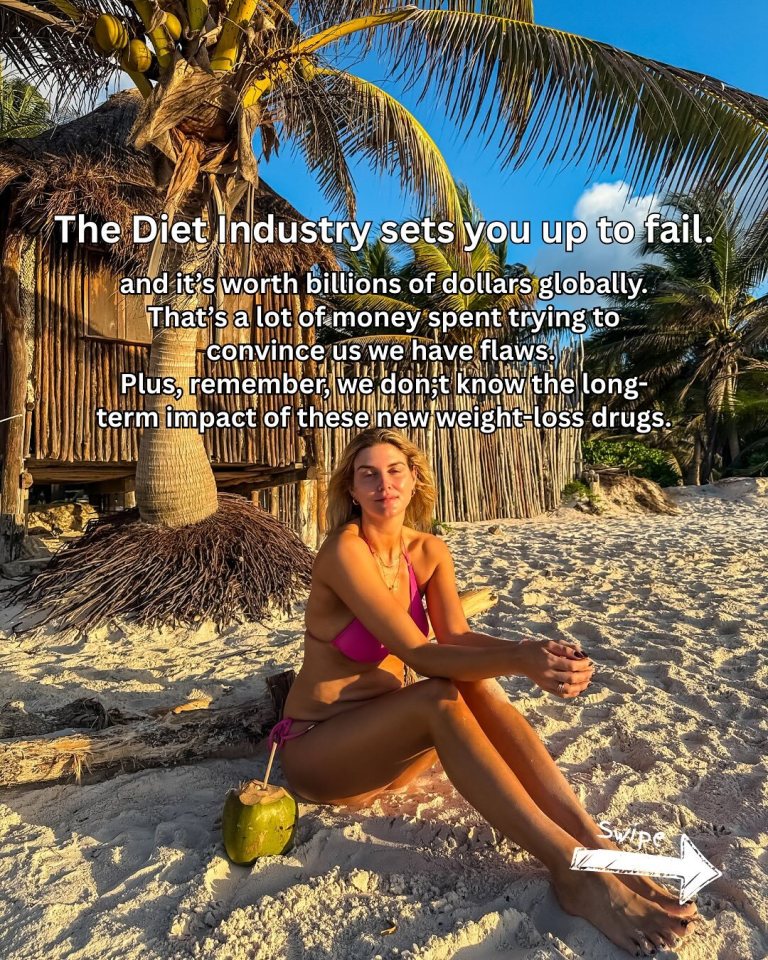 Ashley James in a pink bikini sitting on a sandy beach, with text overlaid about the diet industry.