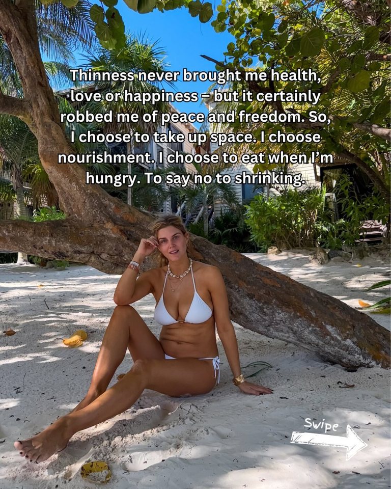 Ashley James in a white bikini on a sandy beach, with text overlaid about choosing nourishment over thinness.