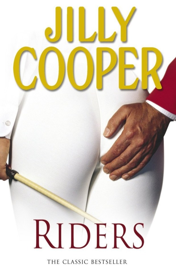 The book cover for Jilly Cooper's "Riders", featuring a man's hand on a person's bottom, with a riding crop across the legs.