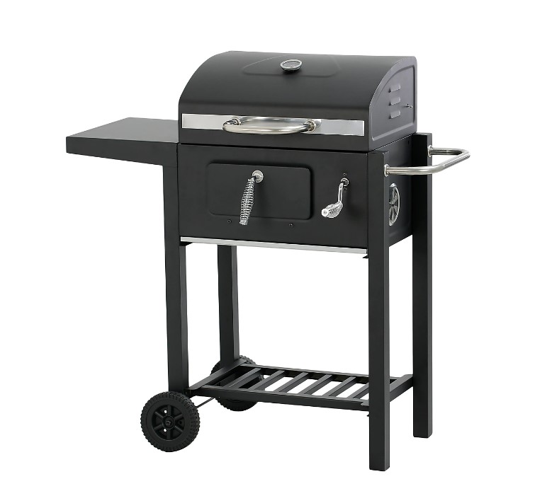 Black barbecue grill on stand with wheels.