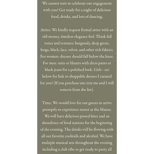 Image of an engagement party invitation with a detailed dress code.