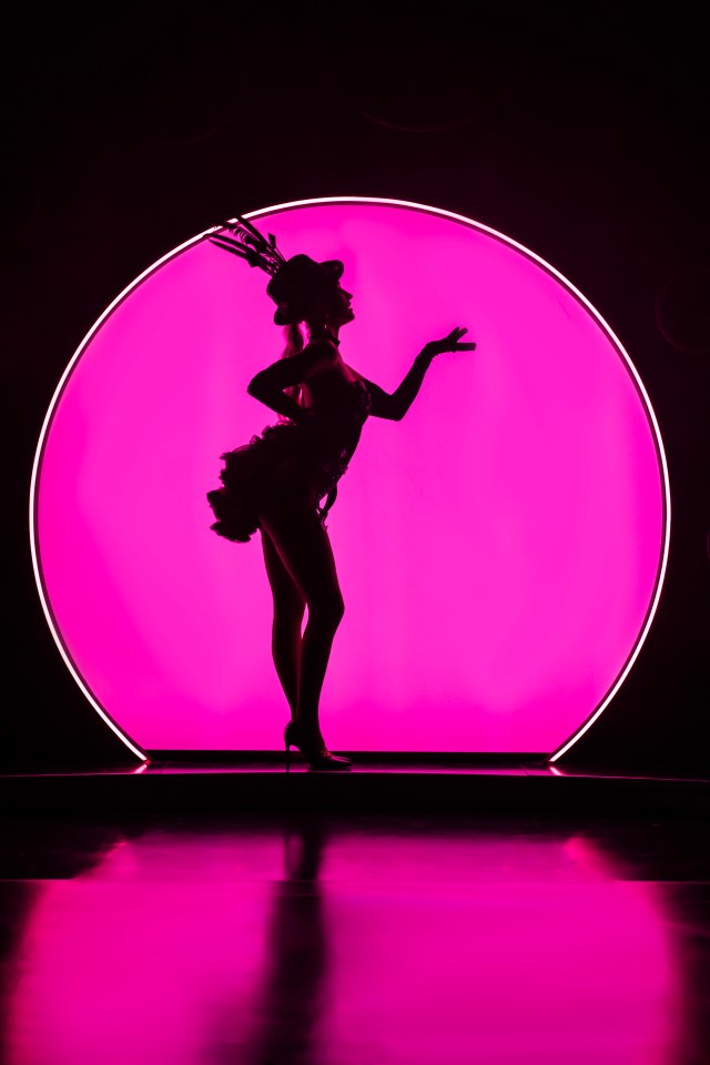 Silhouette of a performer in a feathered hat and ruffled outfit standing in front of a large pink-lit circle.