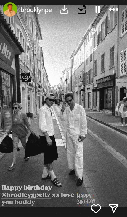 Brooklyn Beckham and Bradley Peltz walking on a street, with a birthday message for Peltz below.