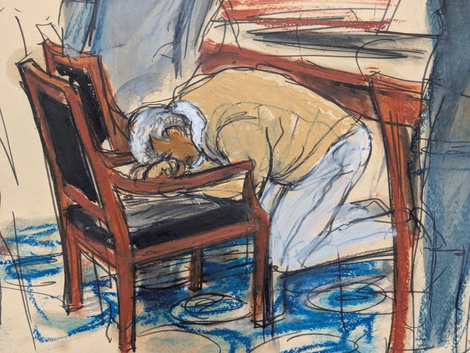 Illustration of Sean "Diddy" Combs on his knees with his head on a chair in a courtroom.