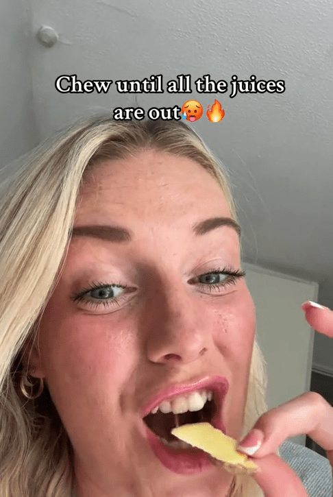 A woman biting into a piece of ginger with text "Chew until all the juices are out" and emojis.