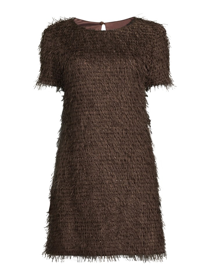 Brown short-sleeve dress with shaggy texture and scattered sequins.