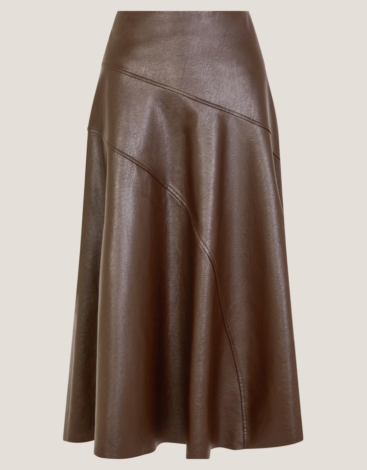 Brown faux leather midi skirt with diagonal seam details.