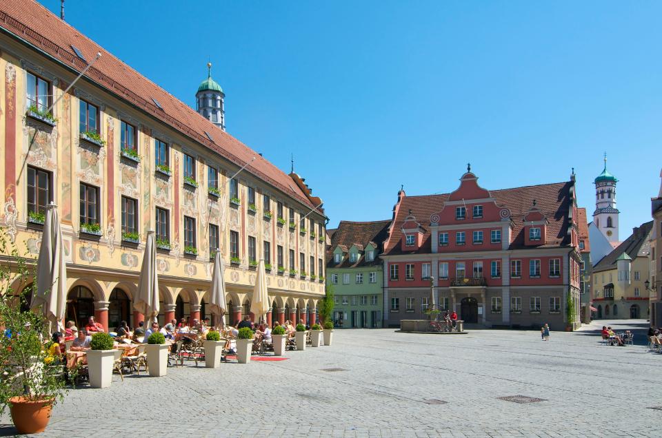 Buildings surrounding a town square in Memmingen, Allgaeu, Bavaria, Germany.