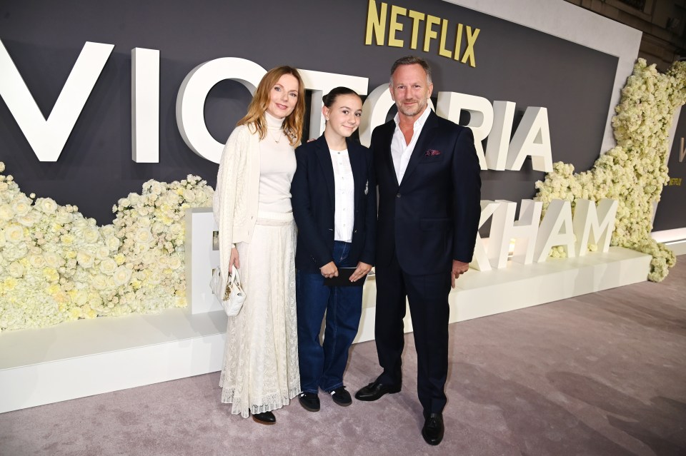 Geri Halliwell-Horner, Olivia Horner, and Christian Horner attend the World Premiere of "Victoria Beckham."