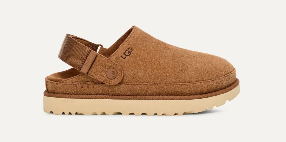 A single Ugg slipper-like clog in brown suede with a tan sole and an adjustable fabric strap around the heel.