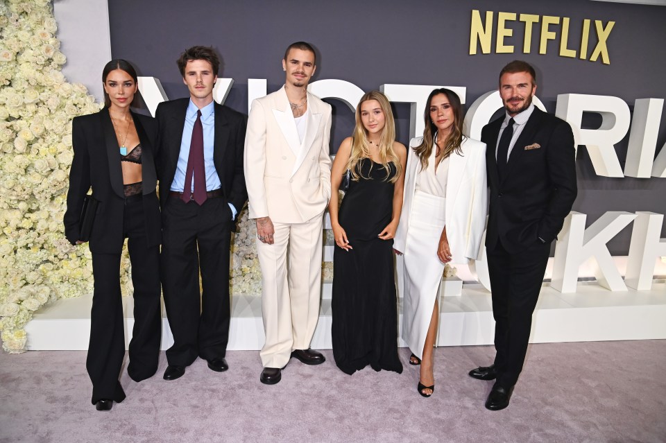 Jackie Apostel, Cruz Beckham, Romeo Beckham, Harper Beckham, Victoria Beckham and David Beckham attend the World Premiere of "Victoria Beckham".