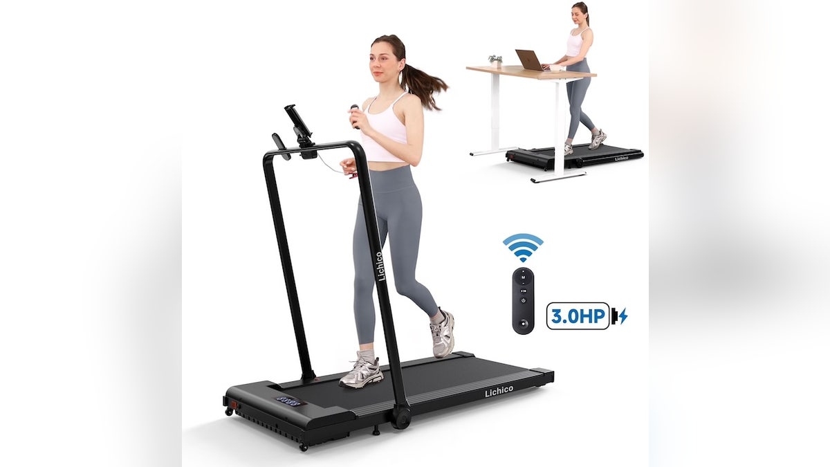 This walking pad slides easily under your desk.