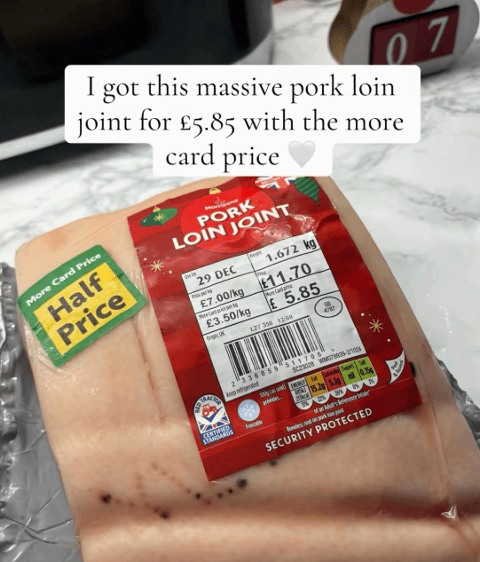 Packaged pork loin joint with "Half Price" and "More Card Price £5.85" labels.
