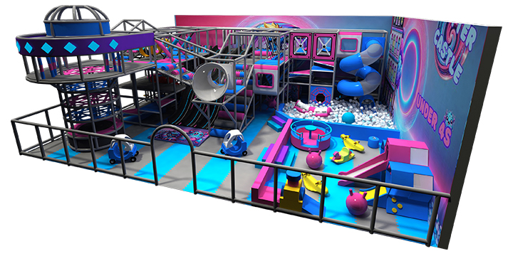 Illustration of a colorful indoor obstacle course with slides, a ball pit, and play equipment.