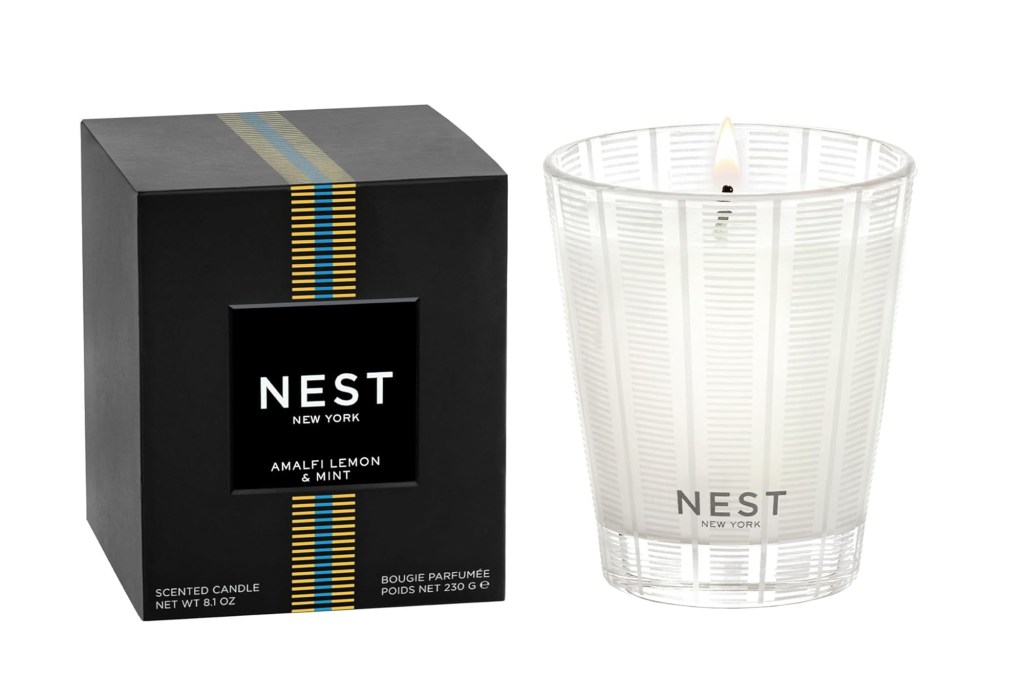 NEST New York Amalfi Lemon & Mint scented candle, 8.1 oz, in its packaging and burning.