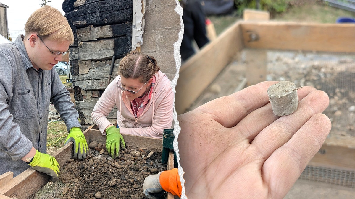 Split image of volunteers sifting rocks, old cork