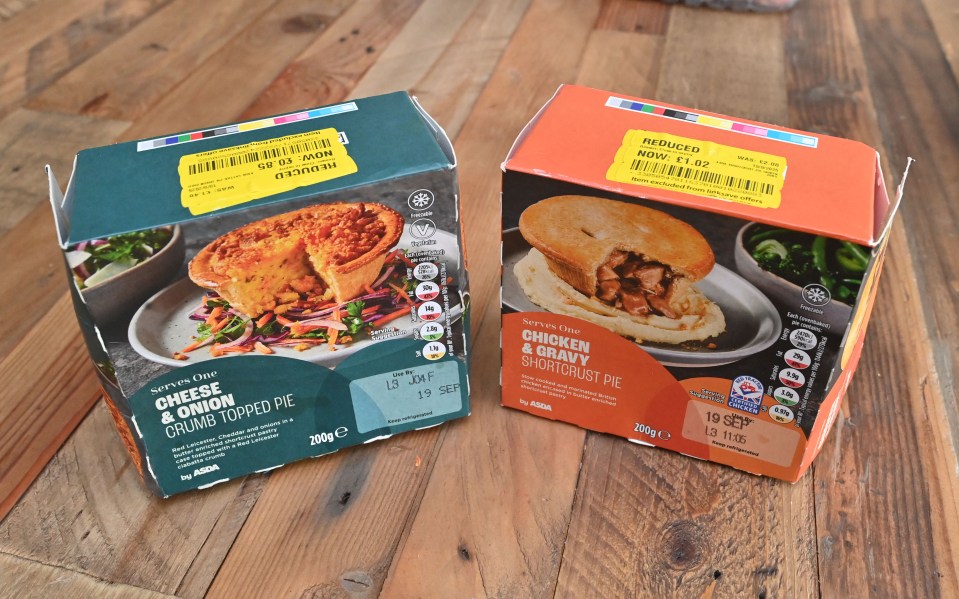 Two Asda brand ready meals, "Cheese & Onion Crumb Topped Pie" and "Chicken & Gravy Shortcrust Pie," with yellow "reduced" stickers.