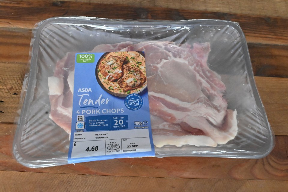 Asda brand 4 pork chops with a label showing prices.