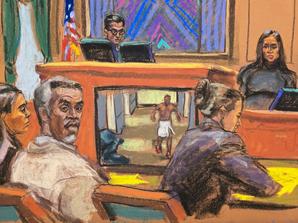 Illustration of Sean "Diddy" Combs listening to Cassie's testimony from a hotel video at his sex trafficking trial.