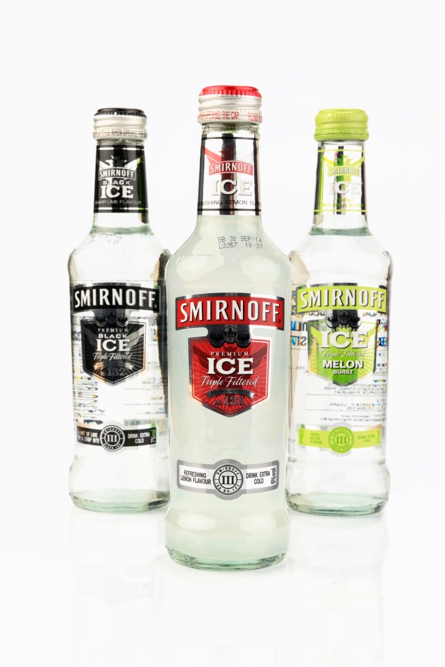 Three Smirnoff Ice bottles: black lime, lemon, and melon.
