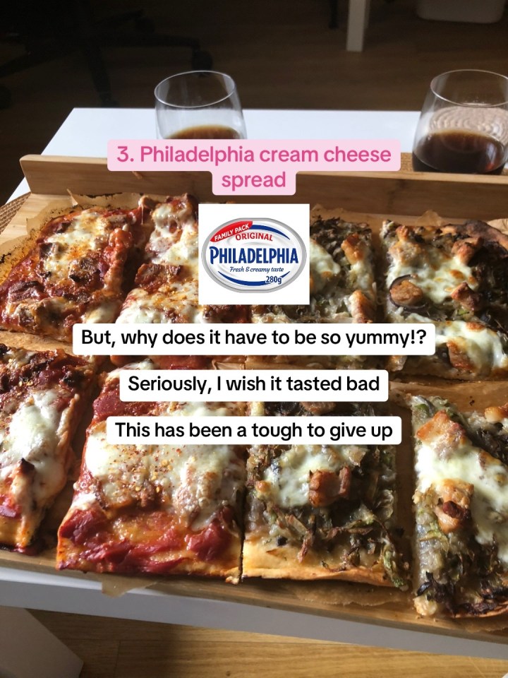 Sliced pizzas, two glasses of dark liquid, and a Philadelphia cream cheese spread container with overlaying text that states "3. Philadelphia cream cheese spread" and "But, why does it have to be so yummy!?" and "Seriously, I wish it tasted bad" and "This has been a tough to give up".