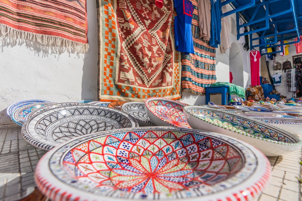 Tunisian pottery on display at the Hammamet bazaar.