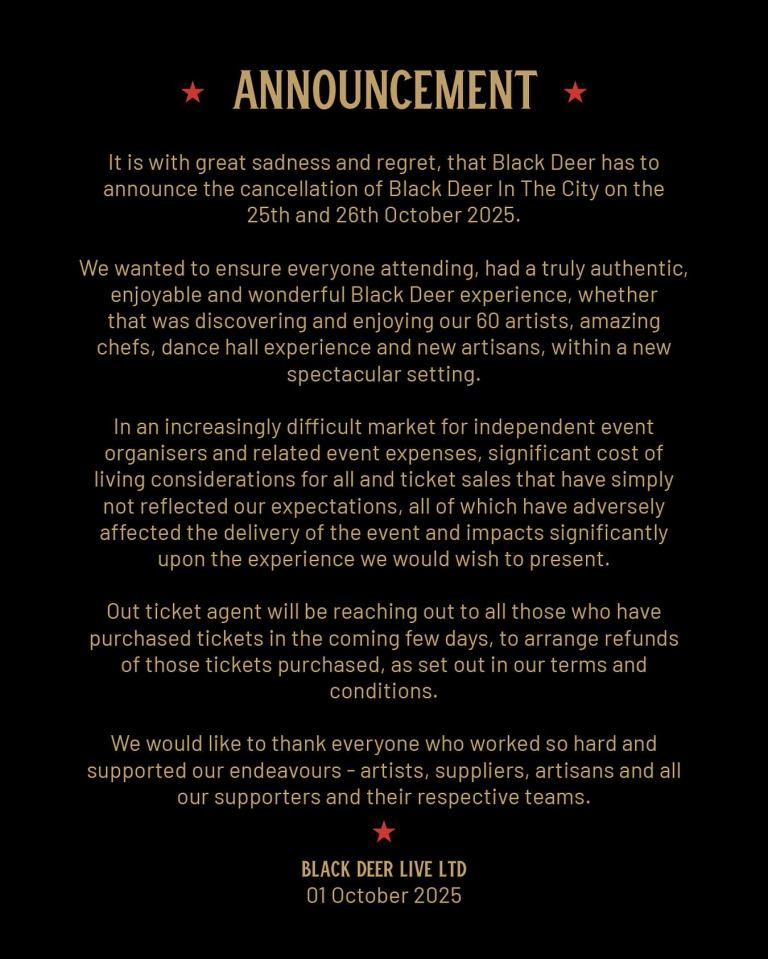 Announcement from Black Deer Live Ltd canceling the Black Deer In The City event on October 25th and 26th, 2025, due to market difficulties and low ticket sales, with refunds to be issued.