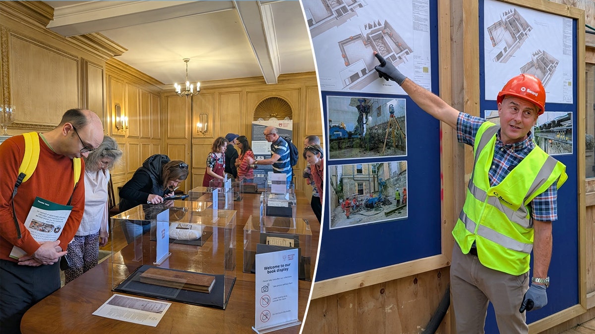 Split image of visitors looking at artifacts, archaeologist working