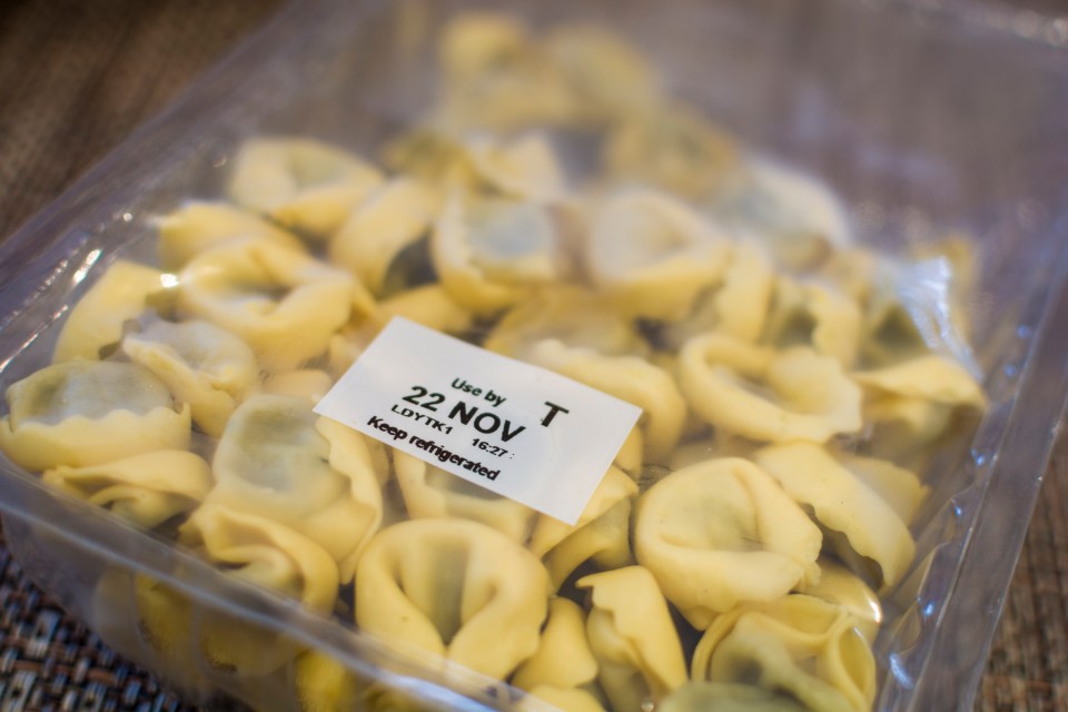 Vacuum-sealed package of pasta shells.